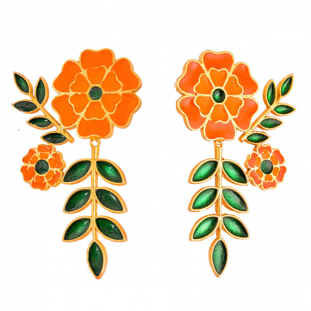 Marigold Enamel Flower & Leaf Earring