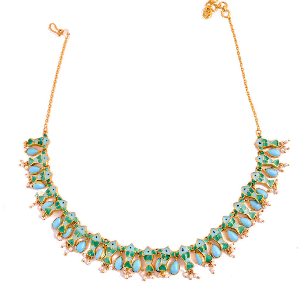 Phiroza Enamel Turquoise Cabochon Fish Necklace