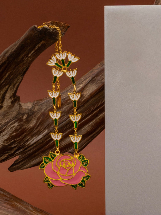 Pink Enamel Rose Jasmine Maangtikka