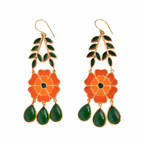Marigold Enamel Dangling Flower & Leaf Earring