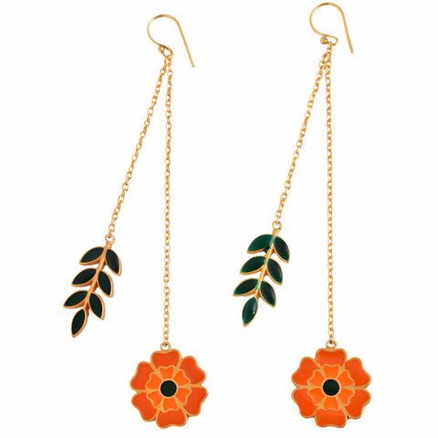 Marigold Enamel Dangling Flower & Leaf Earring